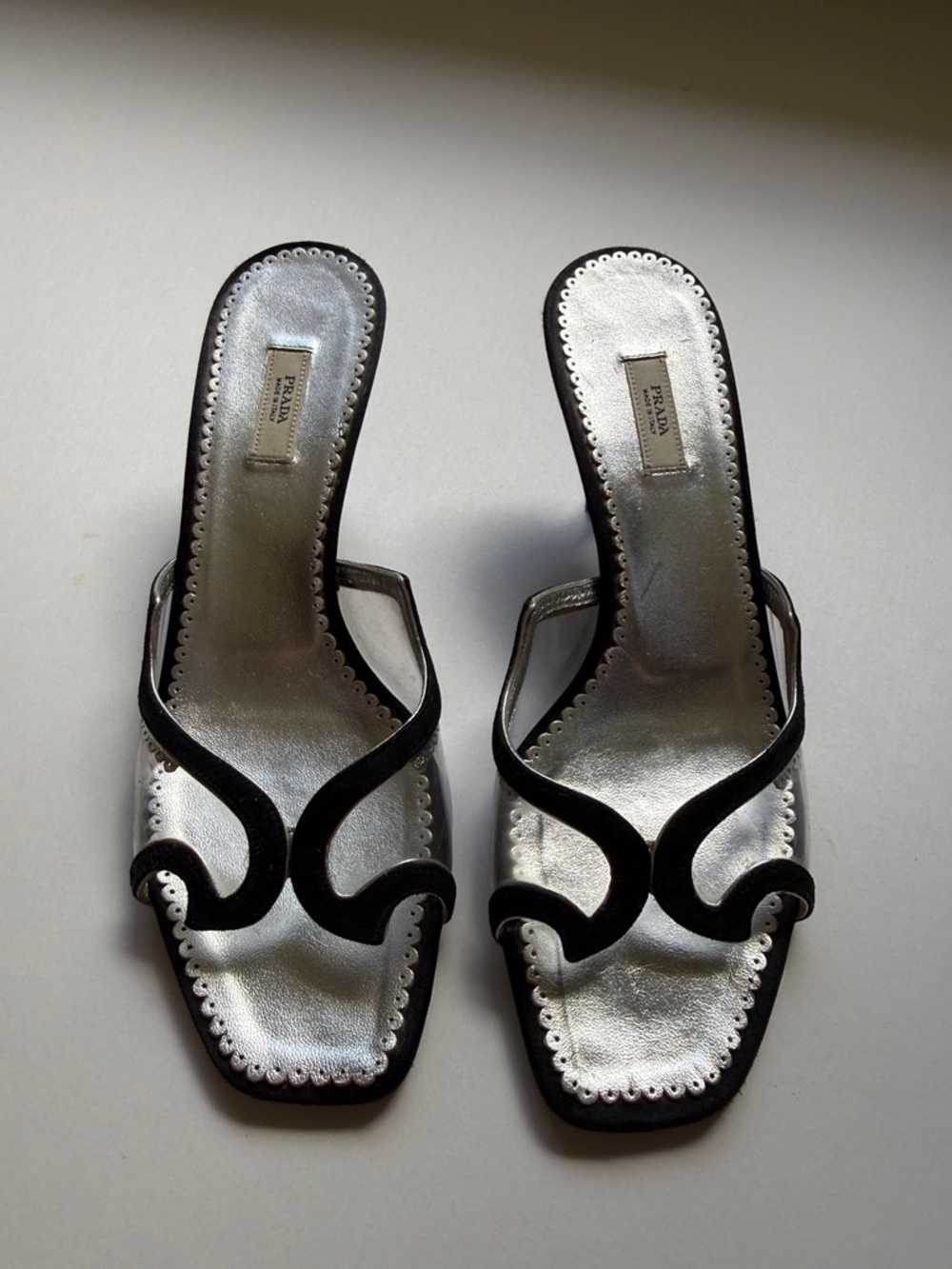 Vintage Prada Black Suede & Silver Metallic Slide Mules